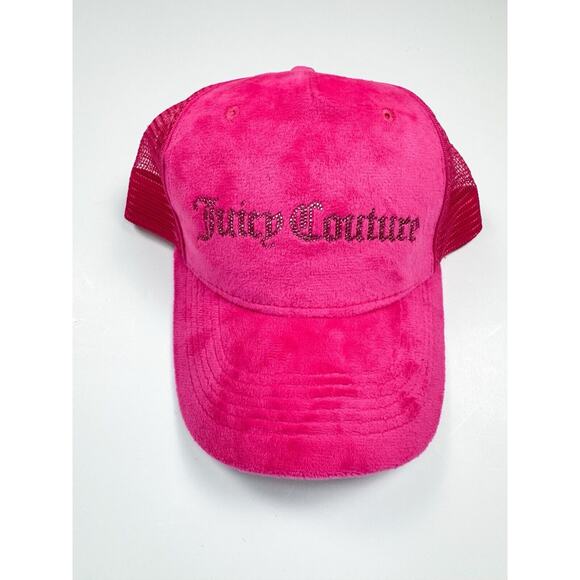 Juicy Couture Hat Hot Pink Trucker Mesh Cap Velour Crystals Adjustable Y2K - Picture 2 of 4